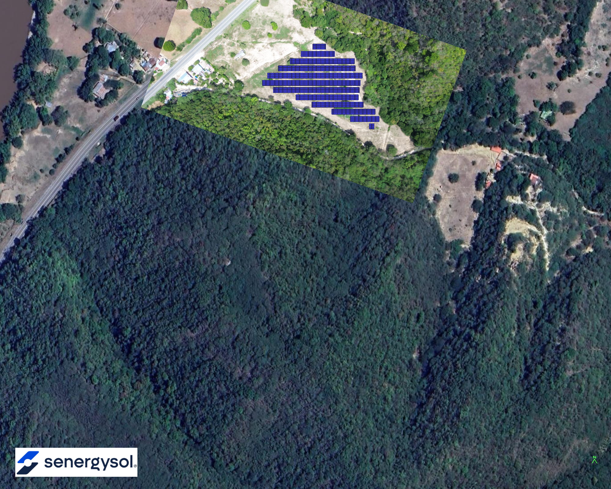Vista aérea del diseño de la granja solar incluida en HelioScope V3, página 3